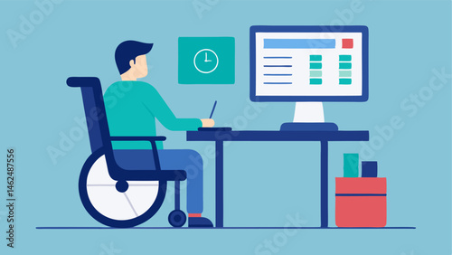 Home Office Setup A person in a wheelchair sits at a desk with a large monitor. They are using a speech recognition software to dictate notes with a notepad and adaptive keyboard