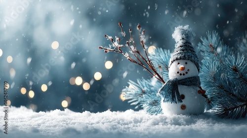 A cheerful snowman stands amidst snow and pine branches, evoking a festive winter atmosphere.