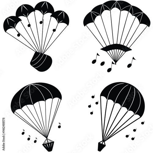 Four Black And White Parachute Icons With Musical Notes Illustration Set