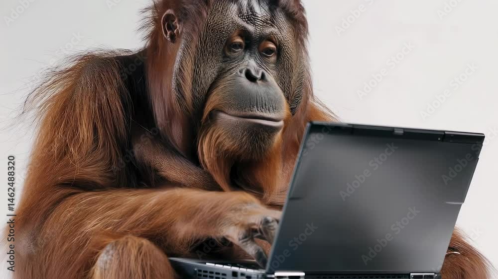 Curious Orangutan Exploring Technology on Laptop