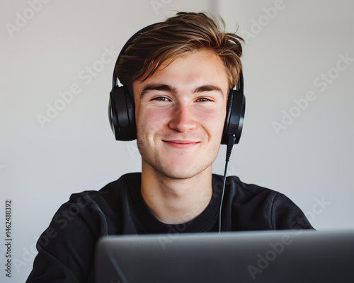 Smiling young caucasian man Engrossed in Online Training Session