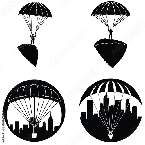 Parachute Silhouette Set Skydiving Extreme Sport Adventure Flight And Cityscape Icons