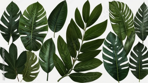 Tropical Foliage Collection Featuring Exotic Green Leaves on Neutral Background