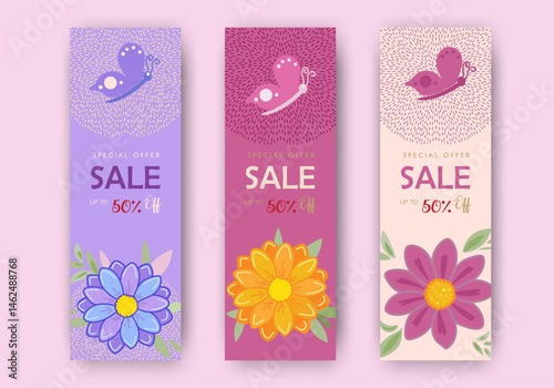 Sale special offer gift card modern floral design with wild flowers bouquet, birds butterfly pattern, pink ribbon yellow wreath Holiday Birthday Anniversary invitation Mother's Day banner for mom set