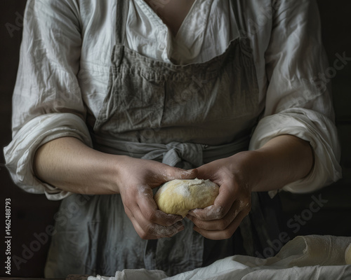 Female hands knead dough, front view. AI generative
