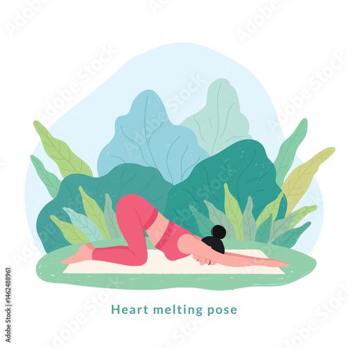 Heart melting pose. Young woman practicing Yoga pose. Woman workout fitness, aerobic and exercise