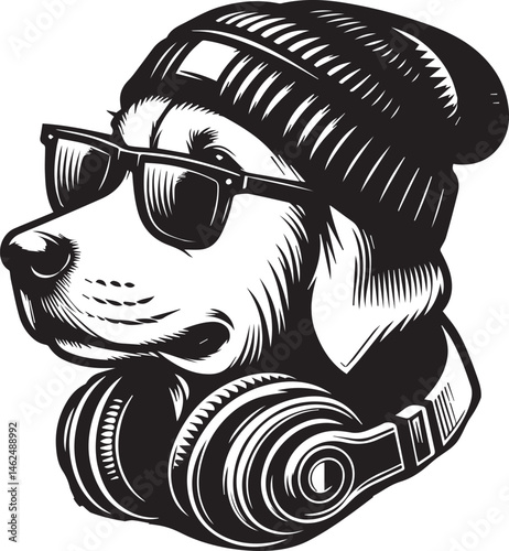 Cool Dog with Headphones, Sunglasses, and Beanie - Black and White Hipster Animal Illustration