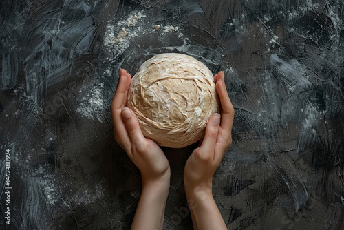 Female hands holds dough, top view. AI generative