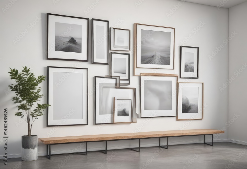 Modern gallery wall mockup Various sized frames on white wall Clean, minimalist aesthetic , frames, interior