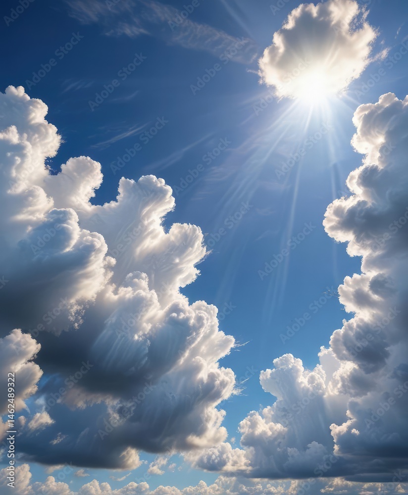 Distressed parchment, vibrant blue sky, fluffy clouds, sunbeams , element, background