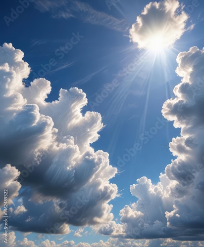 Obraz na płótnie Distressed parchment, vibrant blue sky, fluffy clouds, sunbeams , element, background w salonie