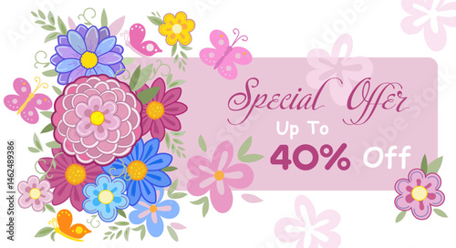 Sale special offer gift card modern floral design with wild flowers bouquet, birds butterfly pattern, pink ribbon yellow wreath Holiday Birthday Anniversary invitation Mother's Day banner for mom set
