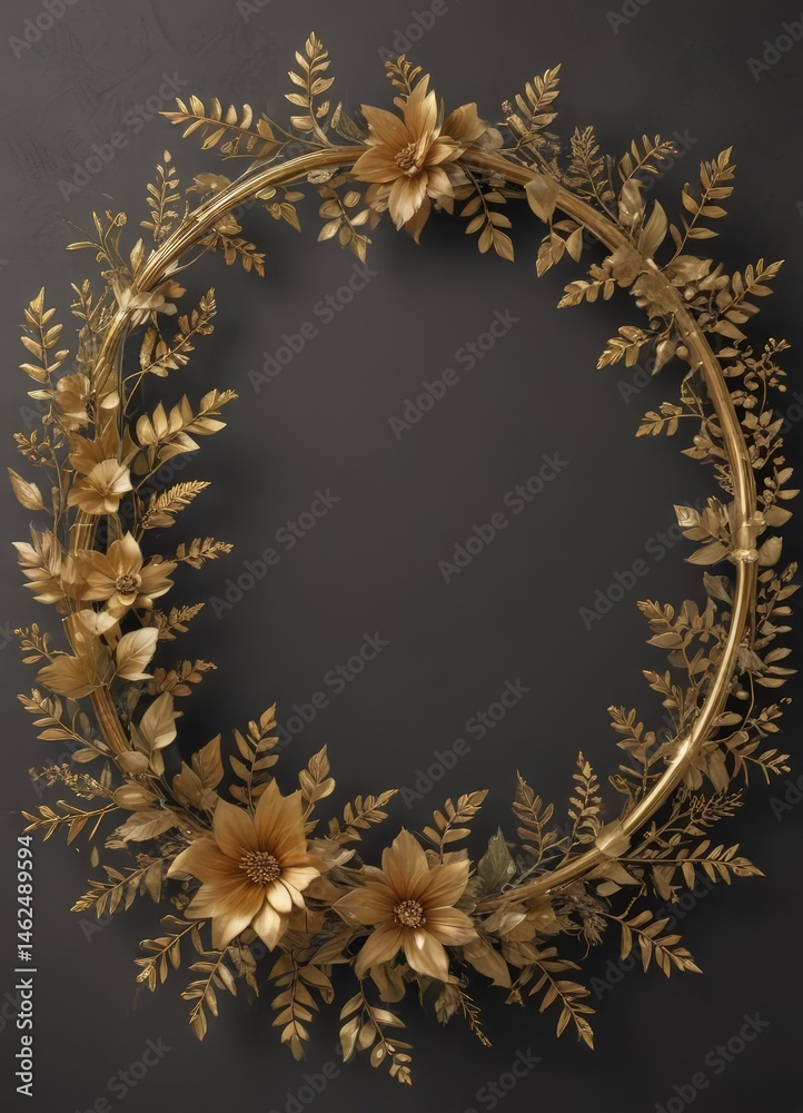 Gold accented botanical wreath, luxurious invitation border , elegant, gold, spring
