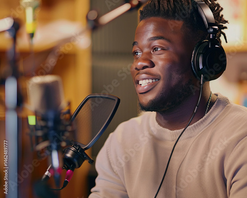 Smiling young black man in Broadcast Studio with Headphones, Mic