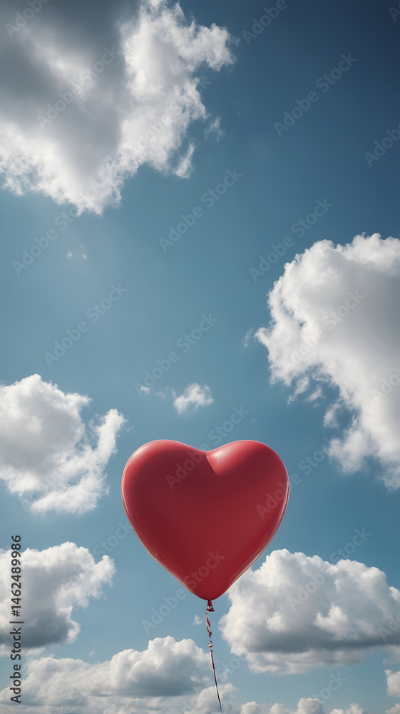 Heart-shaped balloon soaring in a bright blue sky with soft white clouds, symbolizing love, freedom, joy, and uplifting emotions in a dreamy atmosphe Heart-shaped balloon soaring in a bright blue sky with soft white clouds, symbolizing love, freedom, joy, and uplifting emotions in a dreamy atmosphe