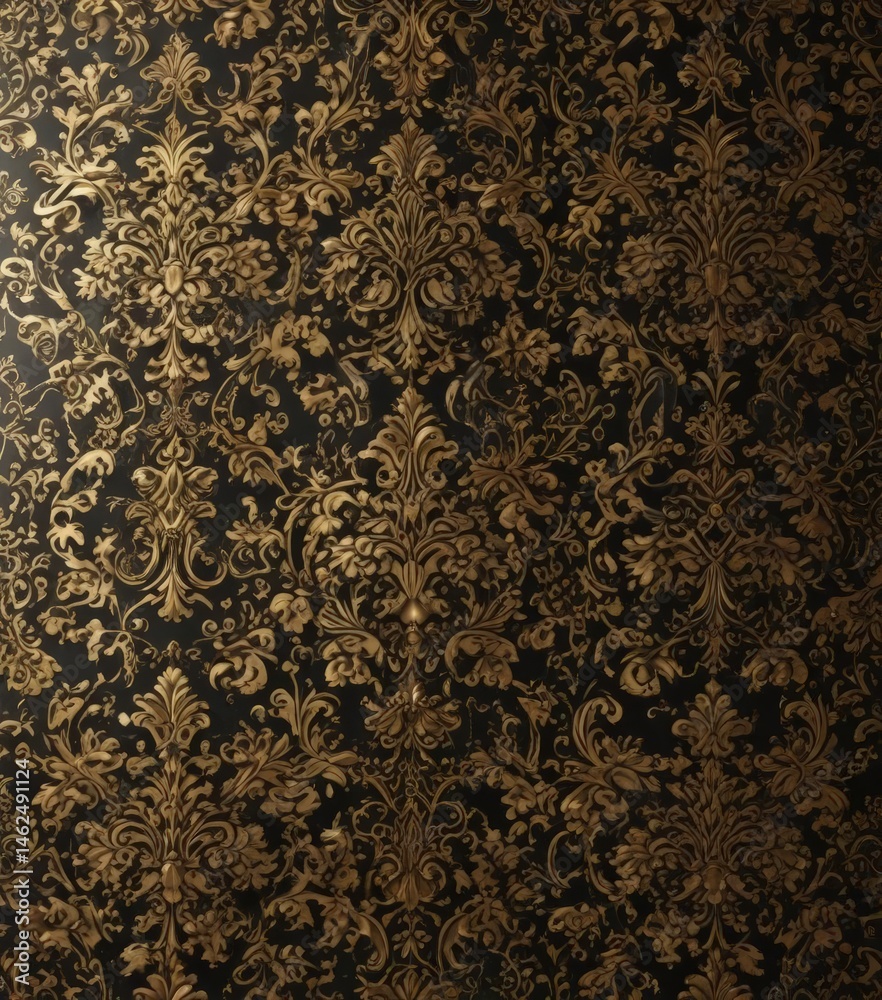 Intricate black & gold damask pattern with metallic sheen, design, texture background, brochure