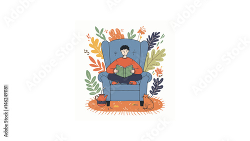 Man reading book cross-legged in chair with cat nearby