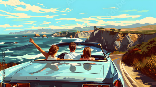 Friends driving a convertible by the coast with a scenic view of the ocean and blue sky artwork