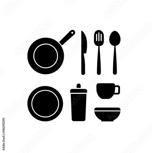 Kitchen utencils icons vector in black color on white background.