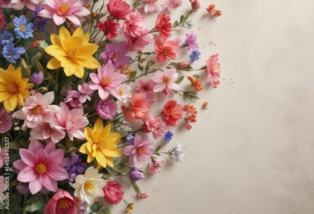 Vibrant spring blooms artfully arranged on textured paper , petals, image, plant