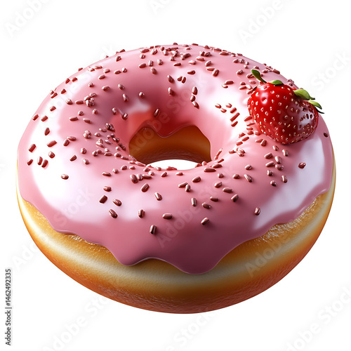 Strawberry donut. 3d rendering isolated on white background. Cartoon plastic style icon