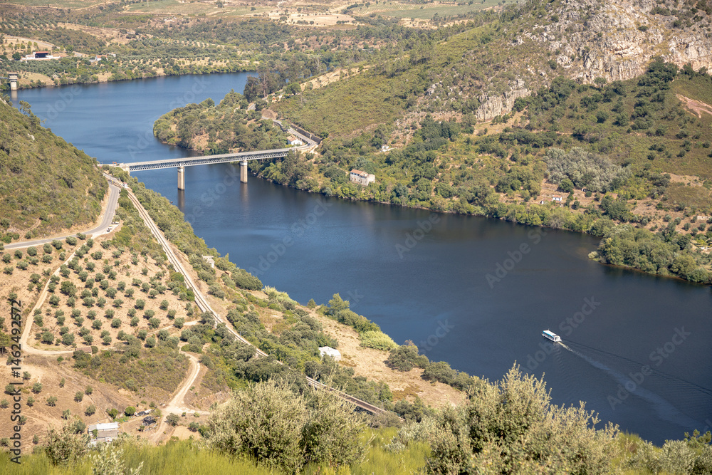 Fototapeta premium Breathtaking aerial view of the winding Tejo River flowing through lush green hills in August. Serene and panoramic view of extensive landscape in Vila Velha de Rodao, Portugal.
