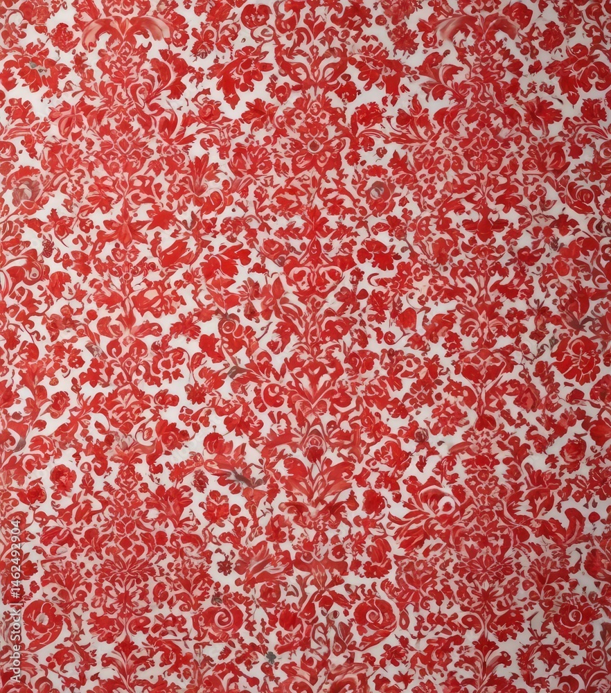 Retro red damask flock wallpaper, white background, vintage style , detail, classic