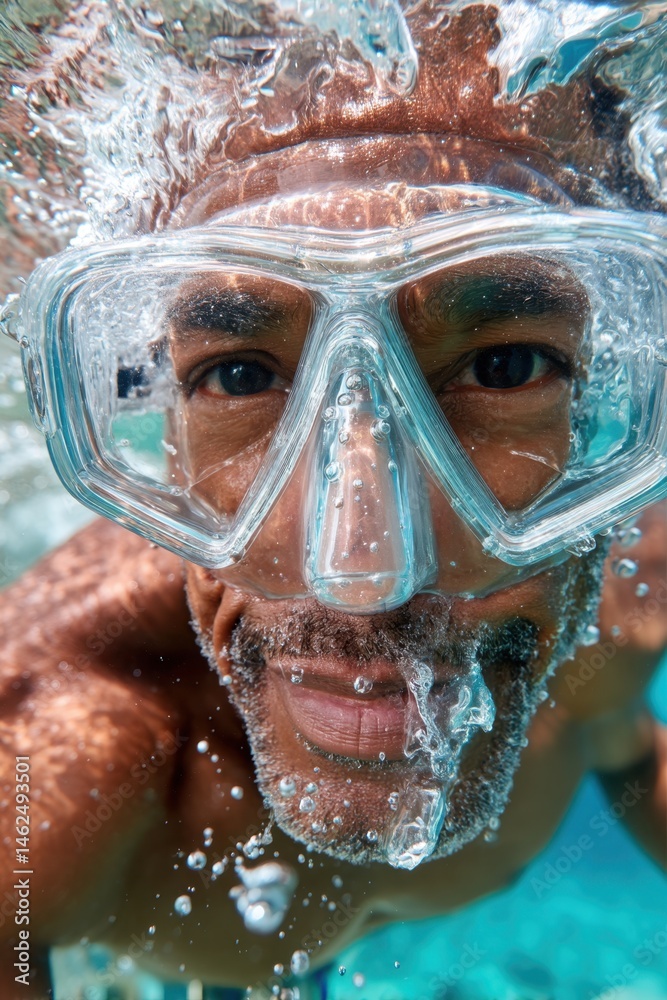 Naklejka premium Smiling Man in Snorkeling Mask Underwater – World Snorkeling Day