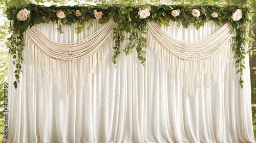 Elegant Bohemian Wedding Backdrop with Cream Drapes and Floral Garland