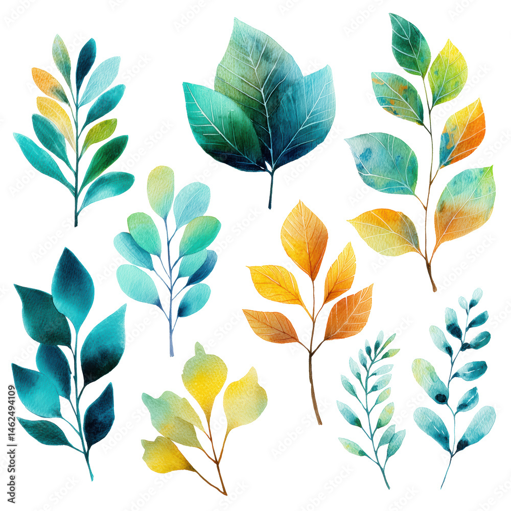 Fototapeta premium Vibrant Watercolor Leaves and Branches , isolated on white background png