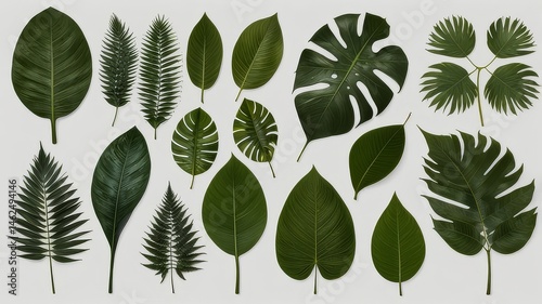 Tropical Foliage Collection Featuring Exotic Green Leaves on Neutral Background