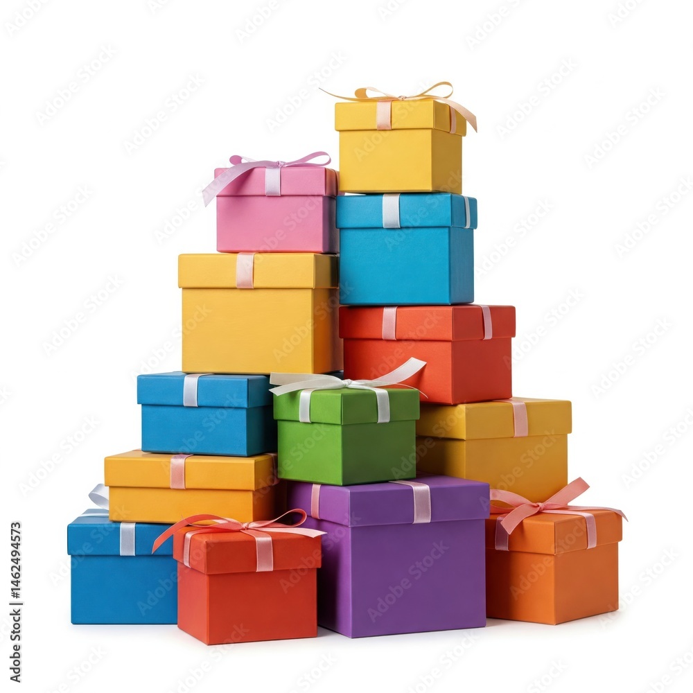 Obraz premium Stack of colorful gift boxes with ribbons on white background