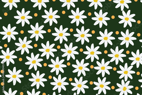 Daisy Floral Pattern:  A vibrant and playful seamless pattern featuring delicate white daisies with yellow centers, scattered across a rich green background.