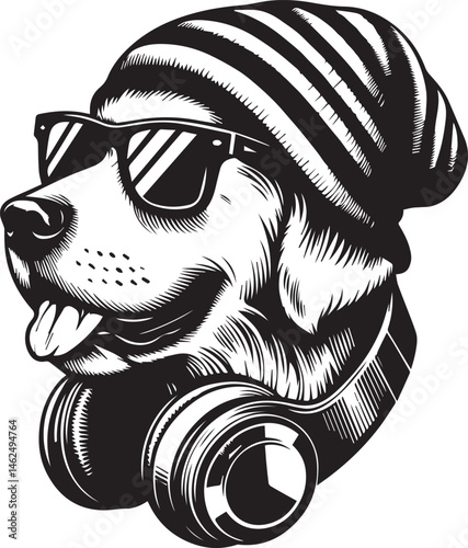 Cool Dog with Headphones, Sunglasses, and Beanie - Black and White Hipster Animal Illustration