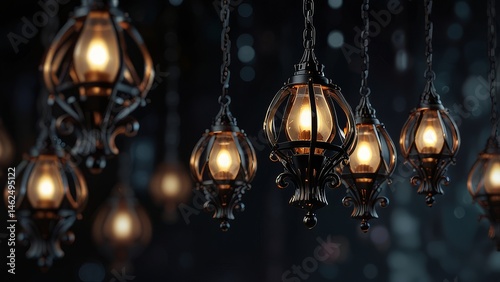 Ornate Hanging Lanterns with Intricate Designs and Warm Glow on Dark Background