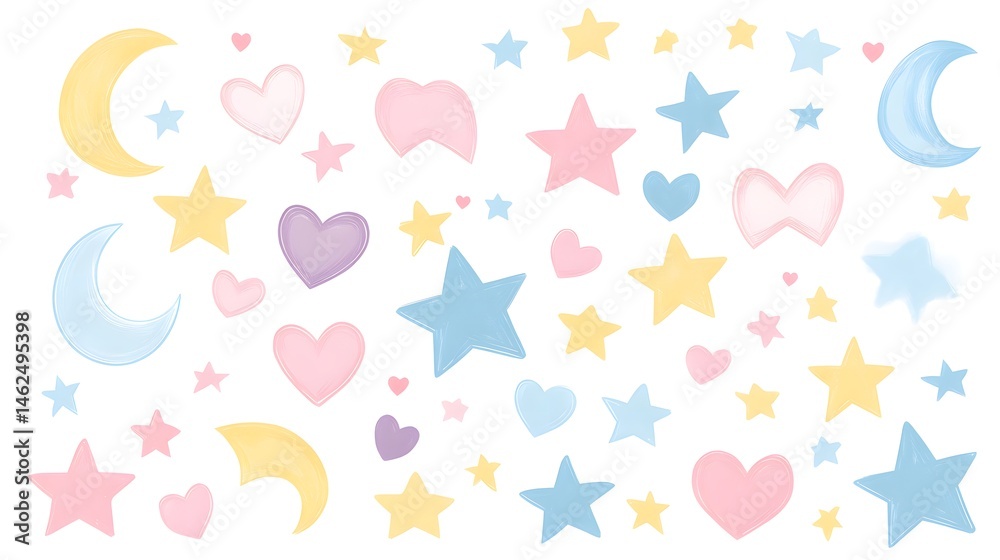 Pastel colored stars, moons, and hearts pattern design.