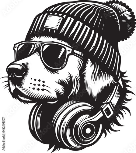 Cool Dog with Headphones, Sunglasses, and Beanie - Black and White Hipster Animal Illustration