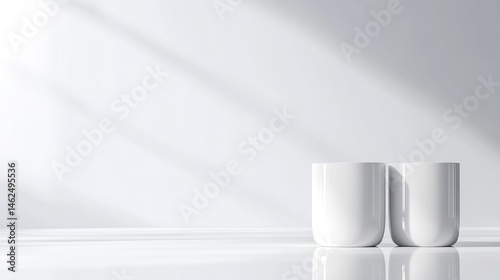 Modern, minimalist, white ceramic vessels, sunlit room