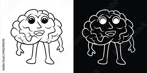 Cartoon Brain Character in Black and White Contrast Style