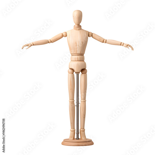 Wooden artist mannequin striking pose isolated on transparent background