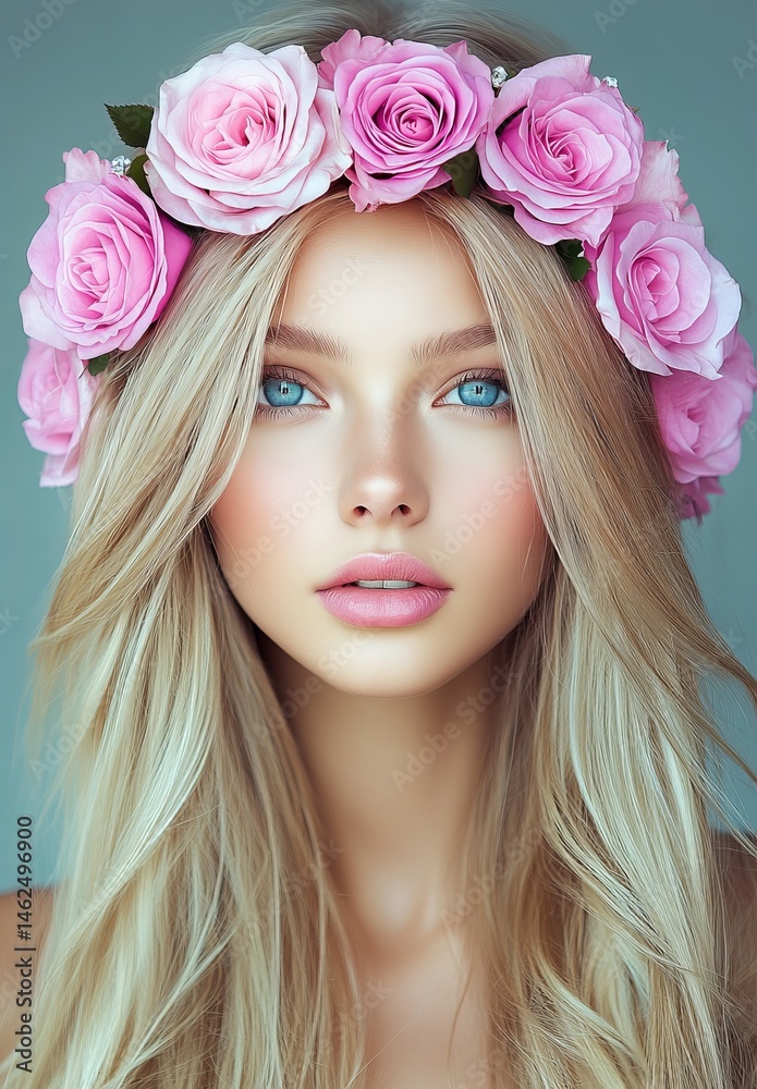 Naklejka premium This beautiful portrait features a woman with blonde hair and a delicate crown of pink roses, exuding elegance
