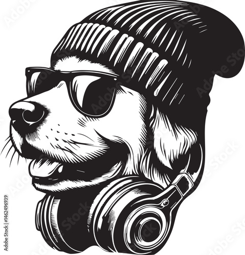 Cool Dog with Headphones, Sunglasses, and Beanie - Black and White Hipster Animal Illustration