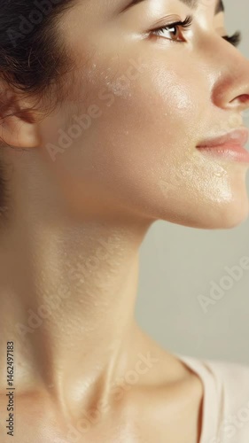 Close-up of a young adult woman's face with radiant, glistening skin showing skincare routine and beauty concept