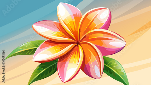 Vibrant plumeria flower with orange and pink petals in soft sunlight background, copy space for text
