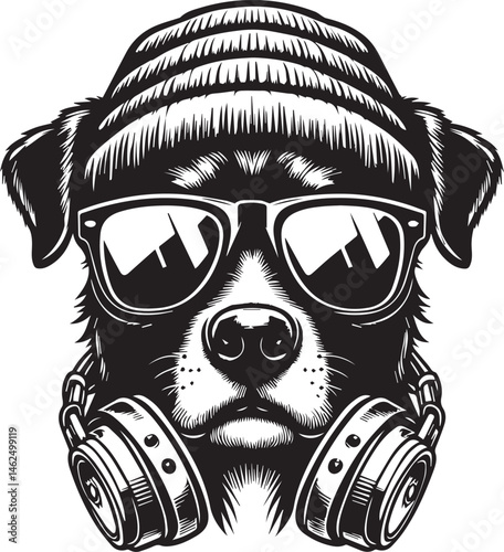Cool Dog with Headphones, Sunglasses, and Beanie - Black and White Hipster Animal Illustration