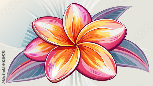 Vibrant plumeria flower with orange and pink petals in soft sunlight background, copy space for text
