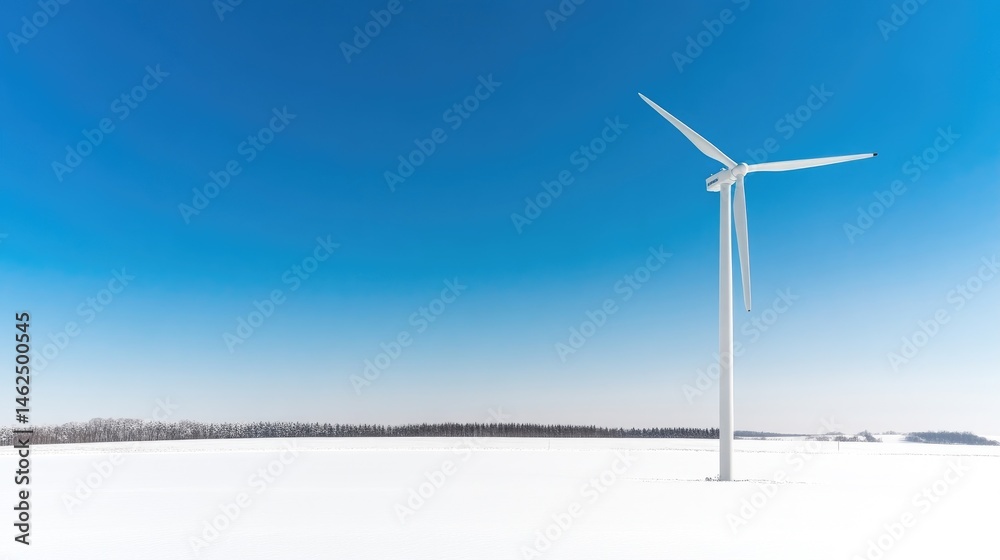 Fototapeta premium Snowy landscape with wind turbine under a vibrant blue sky