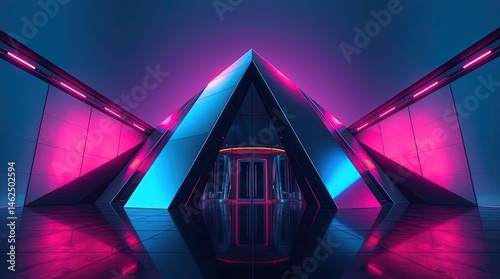 Neon Pyramid Entrance: Futuristic architecture with a pyramid-shaped entrance bathed in vibrant neon pink and blue lighting. Sleek, geometric design, reflecting modern aesthetics.
