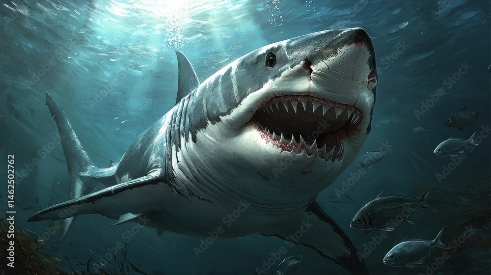 Naklejka premium Great white shark in underwater scene