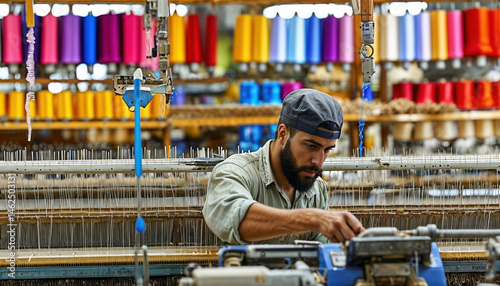Worker in Workshop Surrounded by Colorful Threads and Fabrics